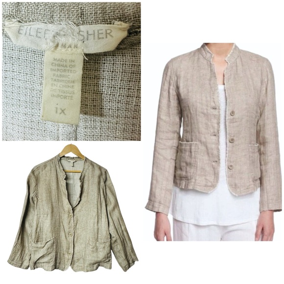 Eileen Fisher Jackets & Blazers - Eileen Fisher Frayed Edge 100% Organic Linen Jacket Stand Collar Natural Tan